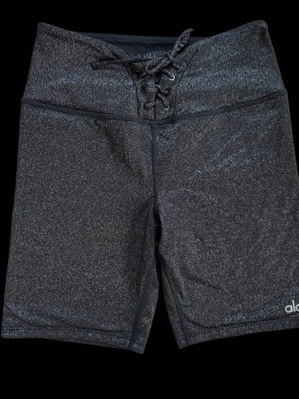 Alo Yoga High-Waist Lace-Up Glitter Short Black/Silver S — Great Condition